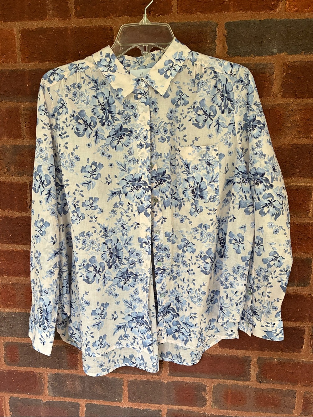 J. Jill White Button-Down Shirt with Blue Floral Print